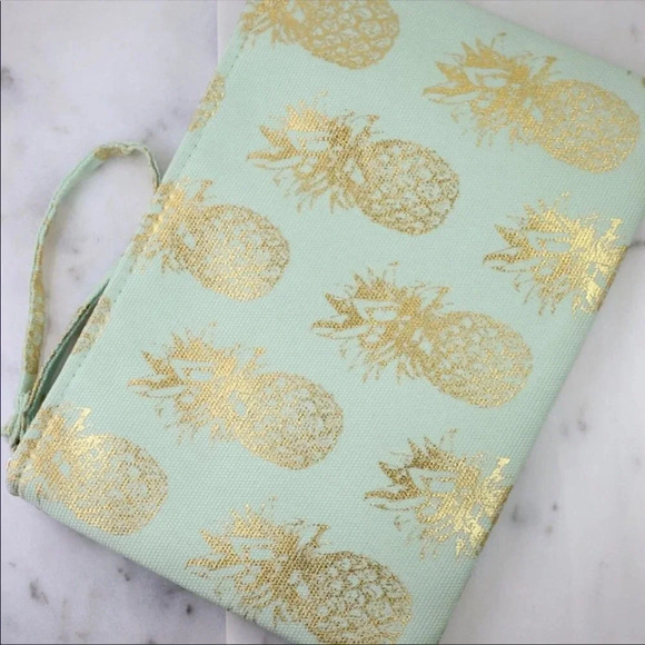 Mint Pineapple Clutch | Gold Foil Tropical Wristlet Makeup Bag - Picture 3 of 5